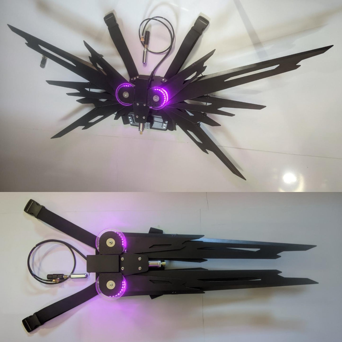 Futuristic mechanical working costume wings with LED light effects