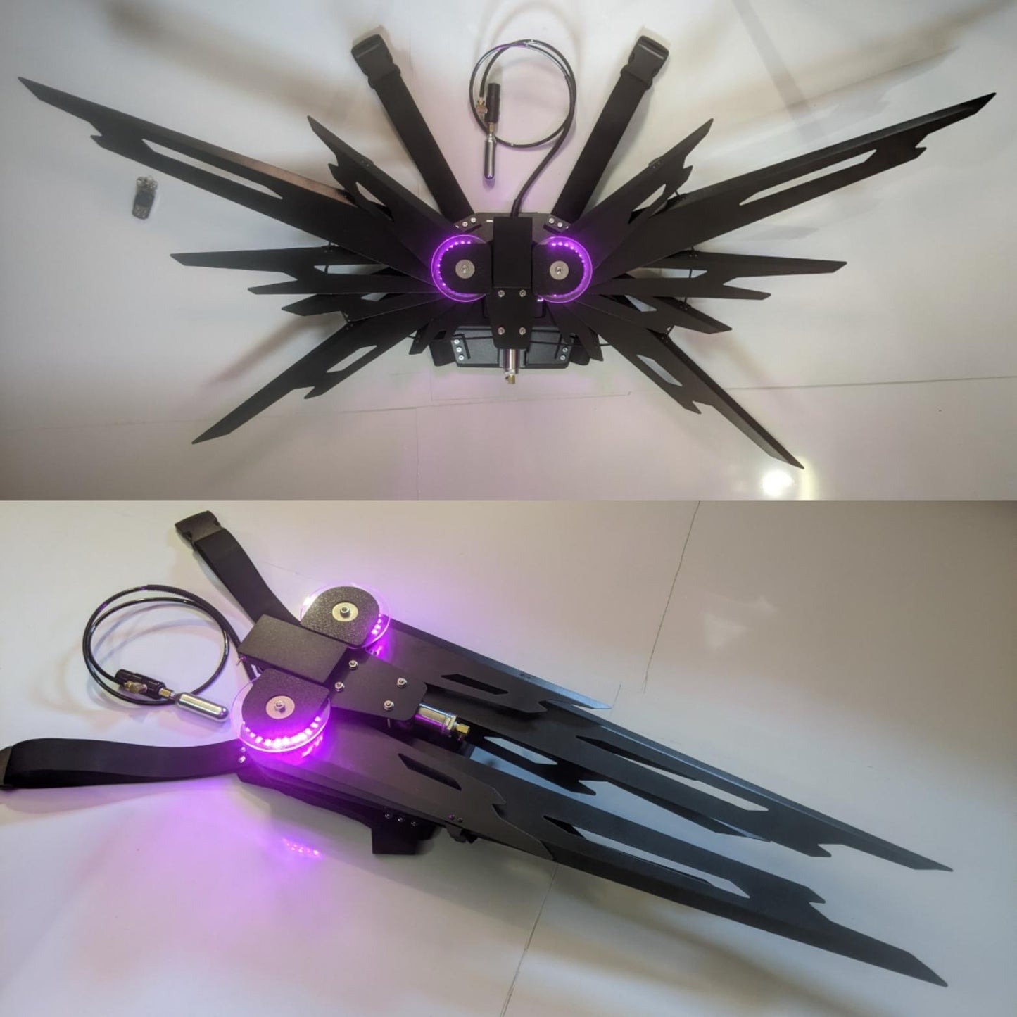 Futuristic mechanical working costume wings with LED light effects