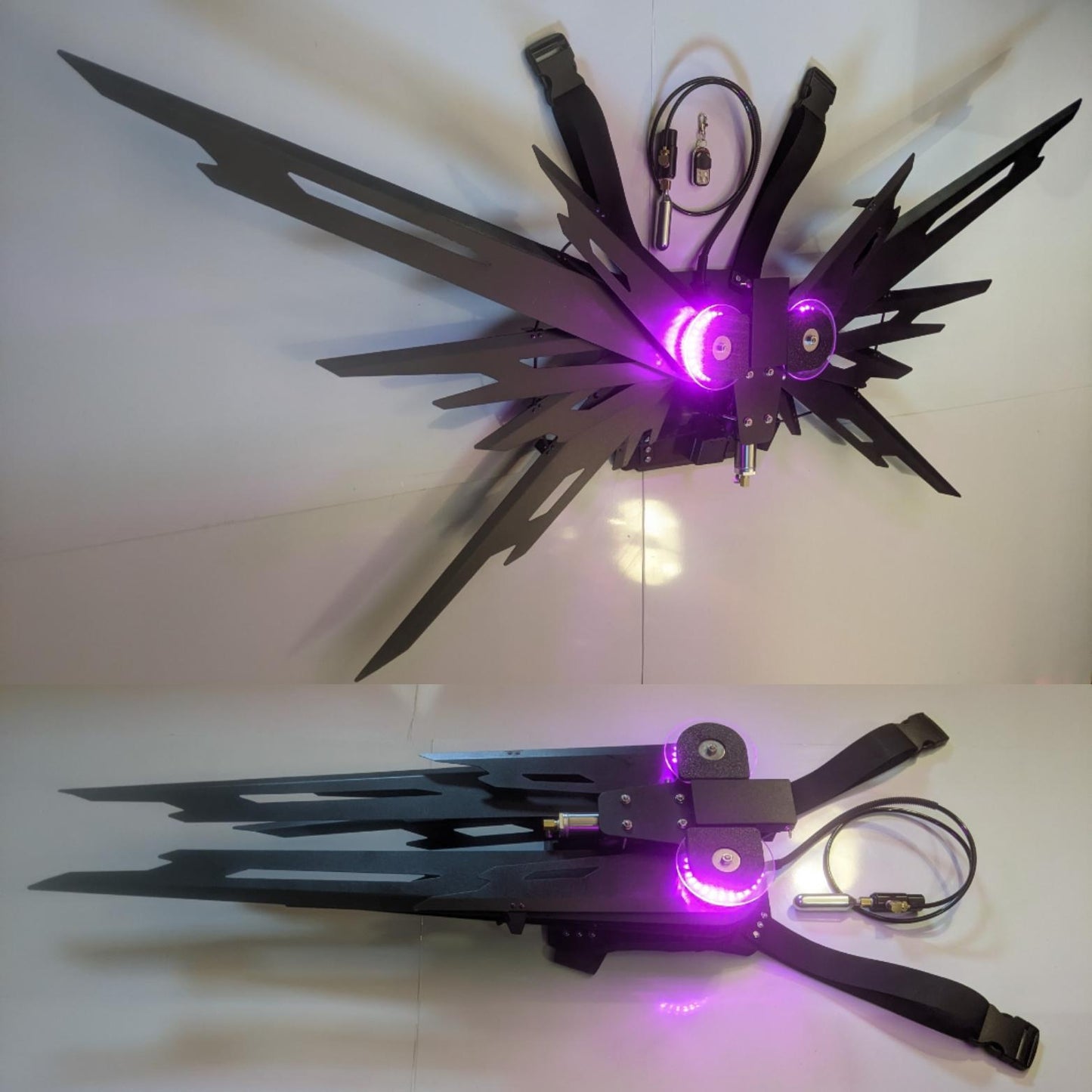 Futuristic mechanical working costume wings with LED light effects