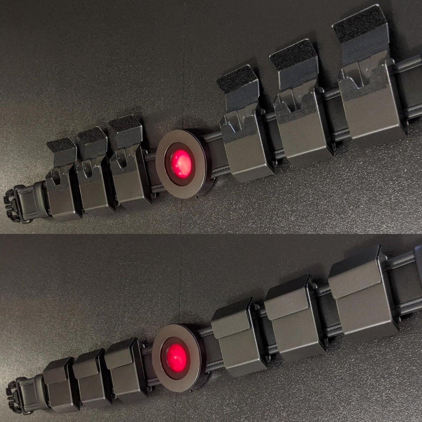 Metal batman beyond utility belt with functional aluminum pouches glowing red belt buckle and leather belt