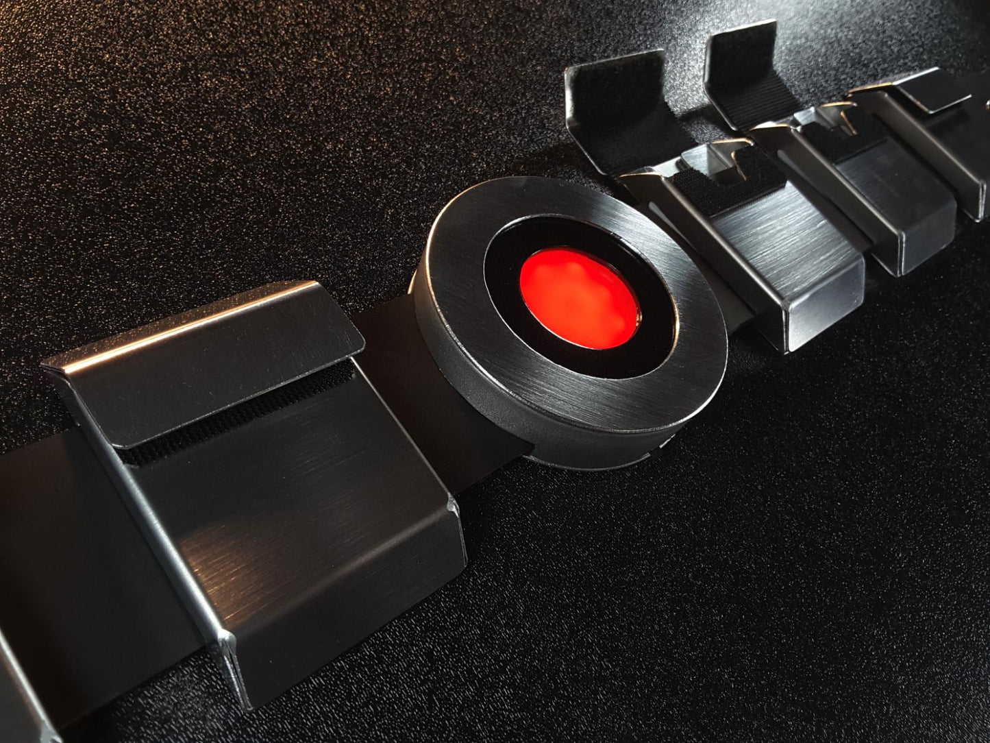 Metal batman beyond utility belt with functional aluminum pouches glowing red belt buckle and leather belt