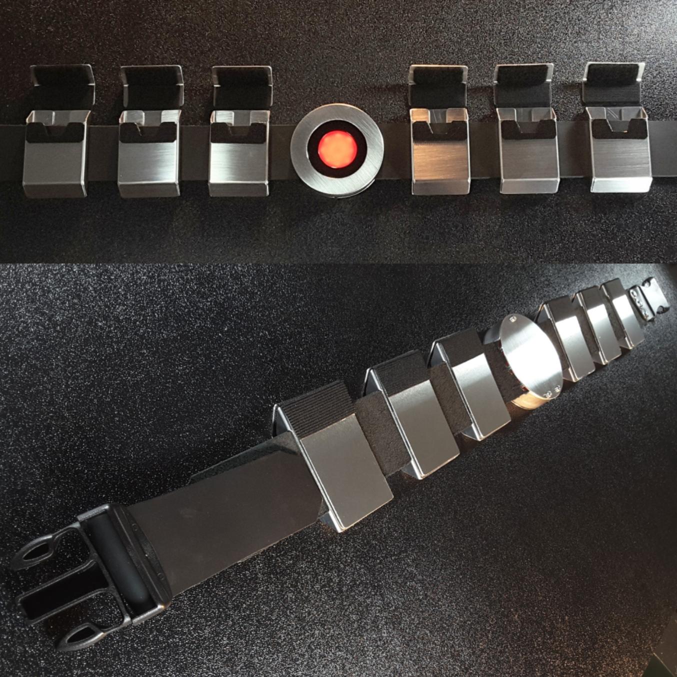 Metal batman beyond utility belt with functional aluminum pouches glowing red belt buckle and leather belt
