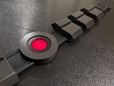 Metal batman beyond utility belt with functional aluminum pouches glowing red belt buckle and leather belt