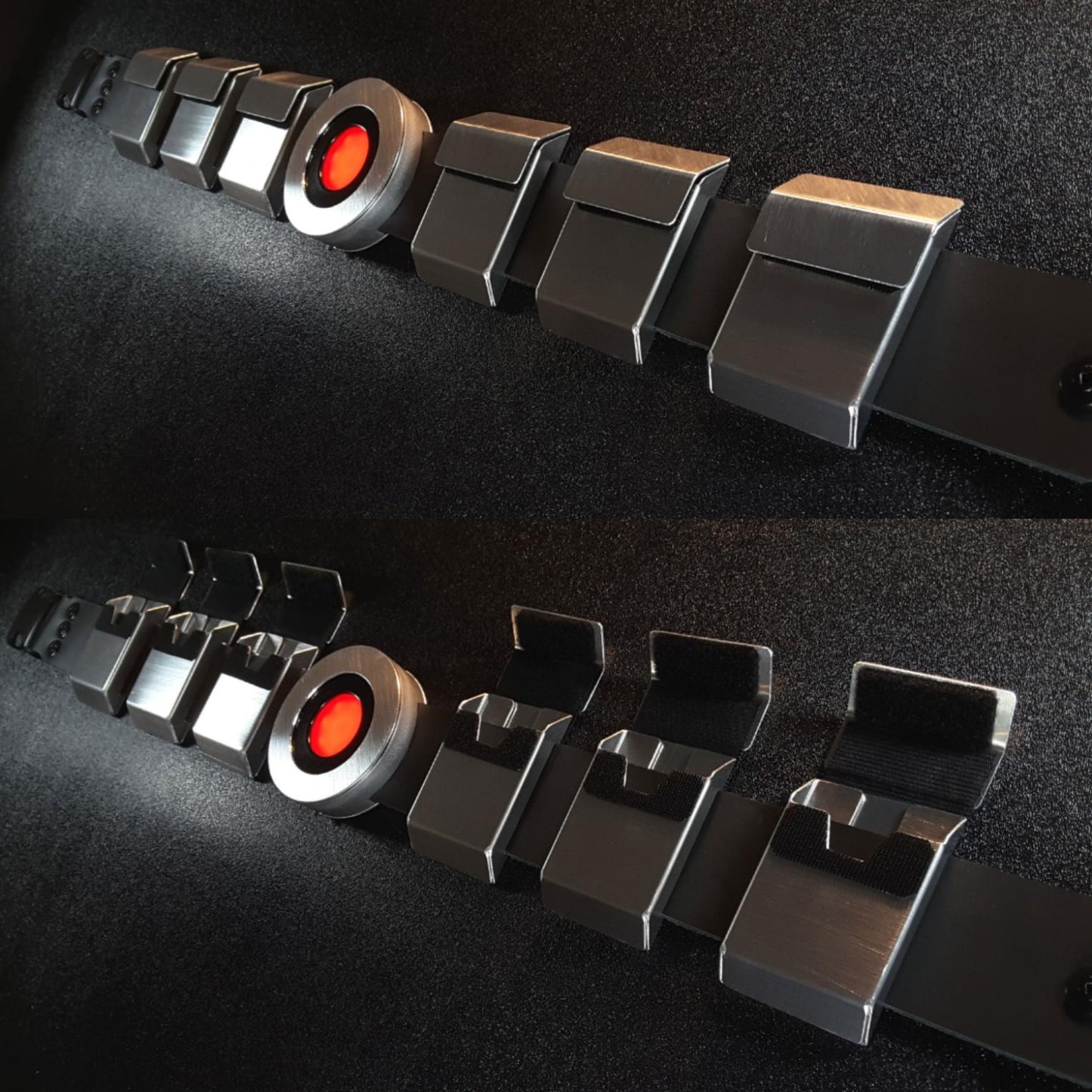 Metal batman beyond utility belt with functional aluminum pouches glowing red belt buckle and leather belt
