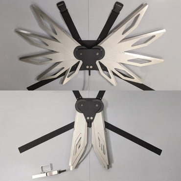Costume black and silver metal mechanical wings that open and close with a pull cord