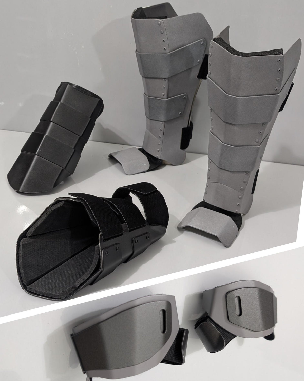 protective metal real superhero armor shin gaurds and a metal gauntlet with padding and hand armor