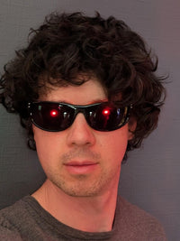 terminator sunglasses with glowing red eyes