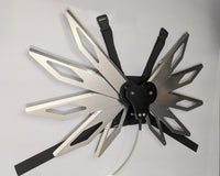 Costume black and silver metal mechanical wings that open and close with a pull cord
