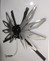 Costume black and silver metal mechanical wings that open and close with a pull cord
