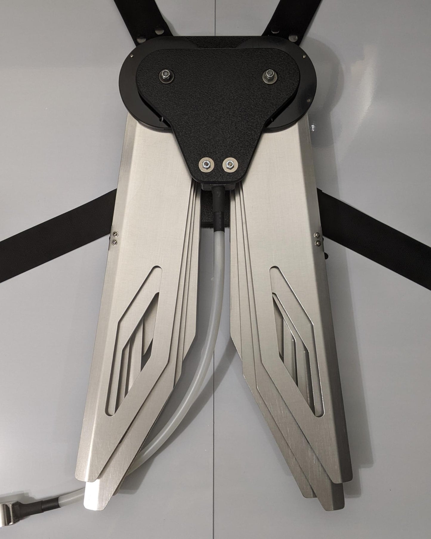 Costume black and silver metal mechanical wings that open and close with a pull cord