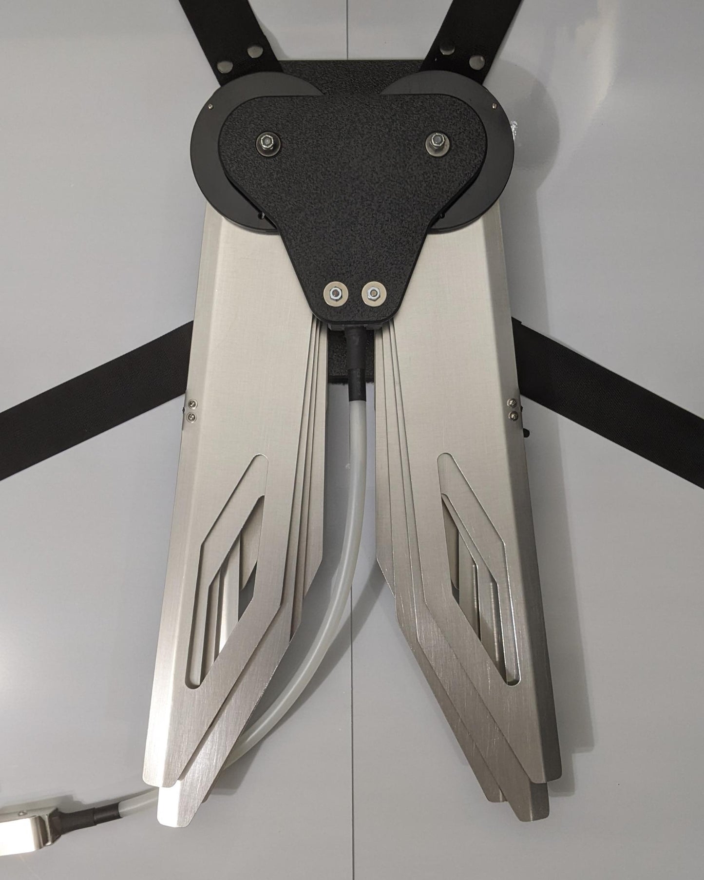 Costume black and silver metal mechanical wings that open and close with a pull cord